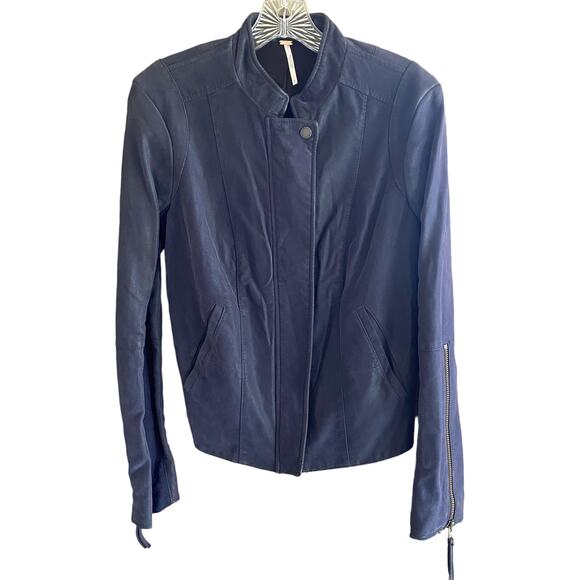 NWT FREE PEOPLE Jacket 8 Navy Blue Moto Zippers Stretch Inserts in Sleeves - Picture 2 of 15